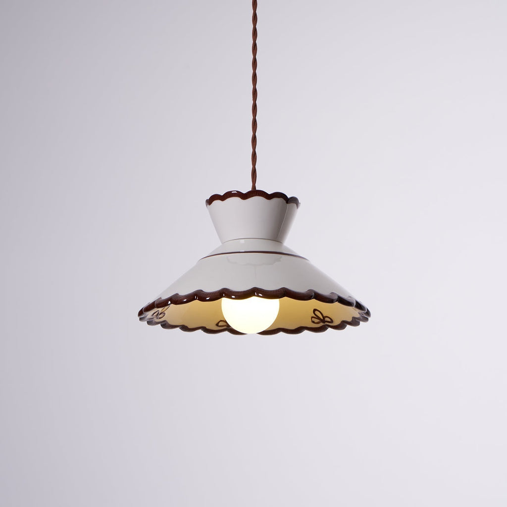 Aurelia Vintage Ceramic Pendant Light — Scalloped Shade, Cream and Brown Edge Detail