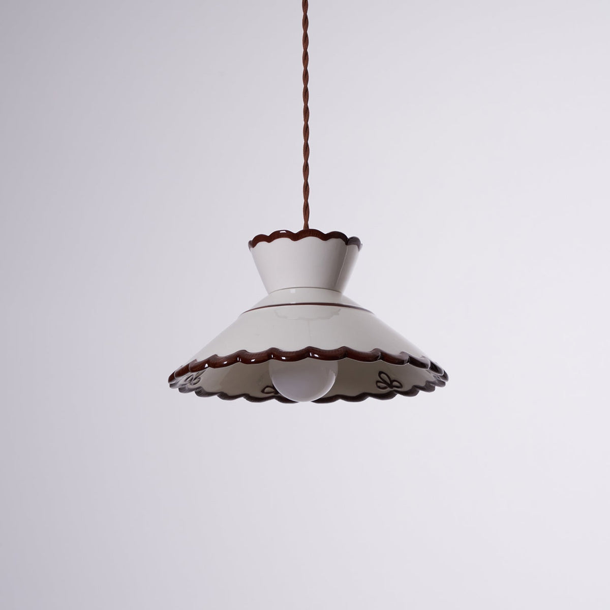 Aurelia Vintage Ceramic Pendant Light — Scalloped Shade, Cream and Brown Edge Detail
