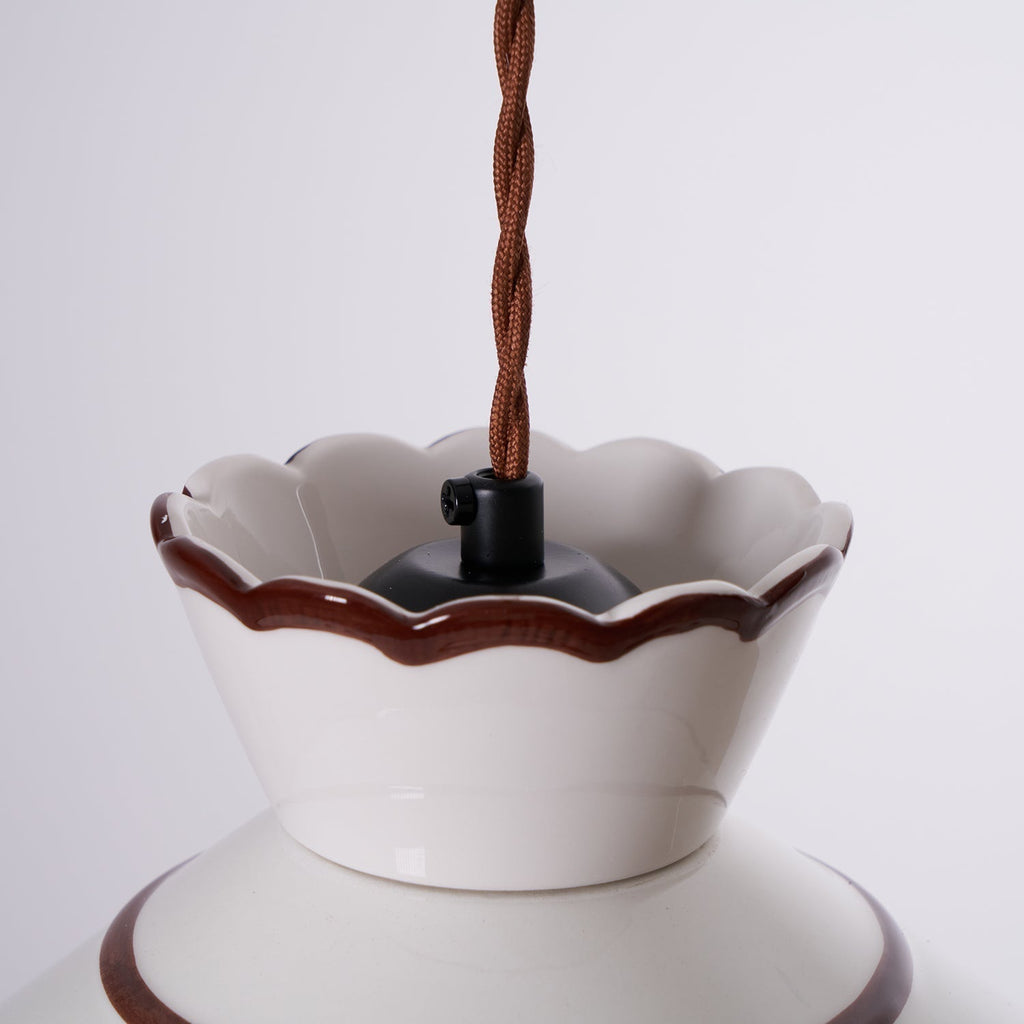 Aurelia Vintage Ceramic Pendant Light — Scalloped Shade, Cream and Brown Edge Detail