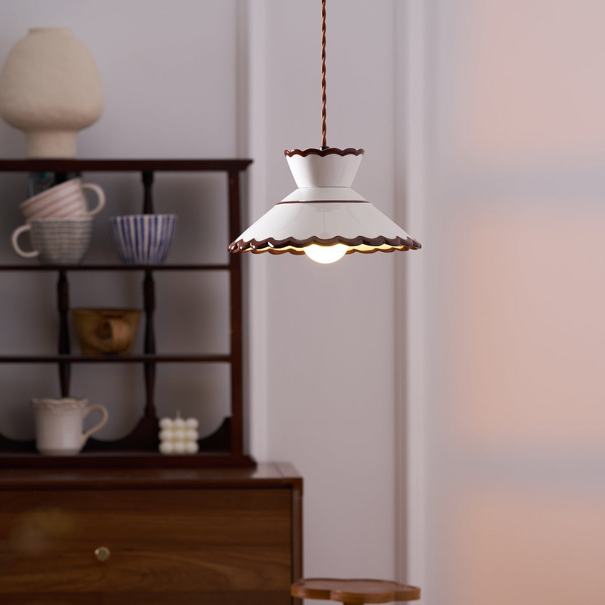 Aurelia Vintage Ceramic Pendant Light — Scalloped Shade, Cream and Brown Edge Detail