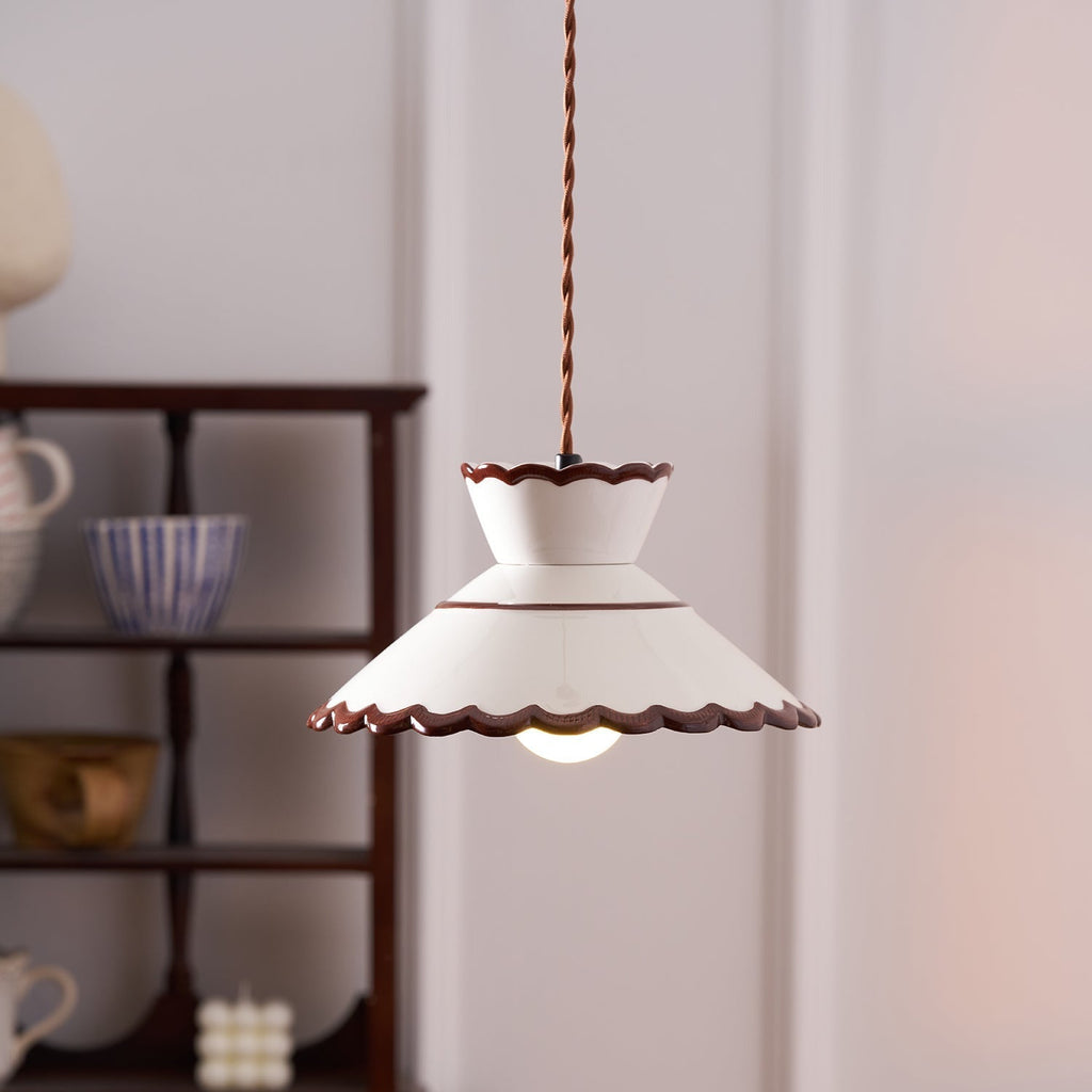 Aurelia Vintage Ceramic Pendant Light — Scalloped Shade, Cream and Brown Edge Detail