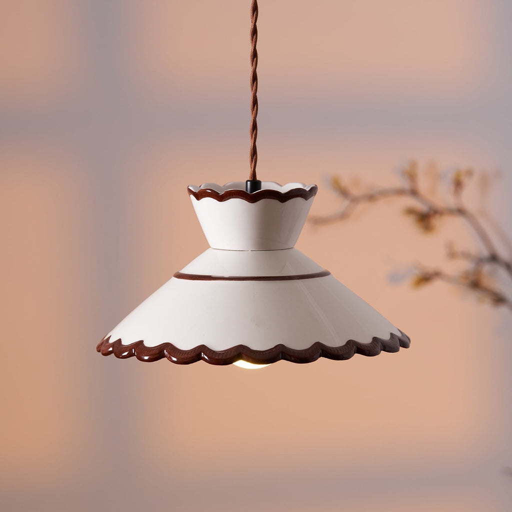 Aurelia Vintage Ceramic Pendant Light — Scalloped Shade, Cream and Brown Edge Detail