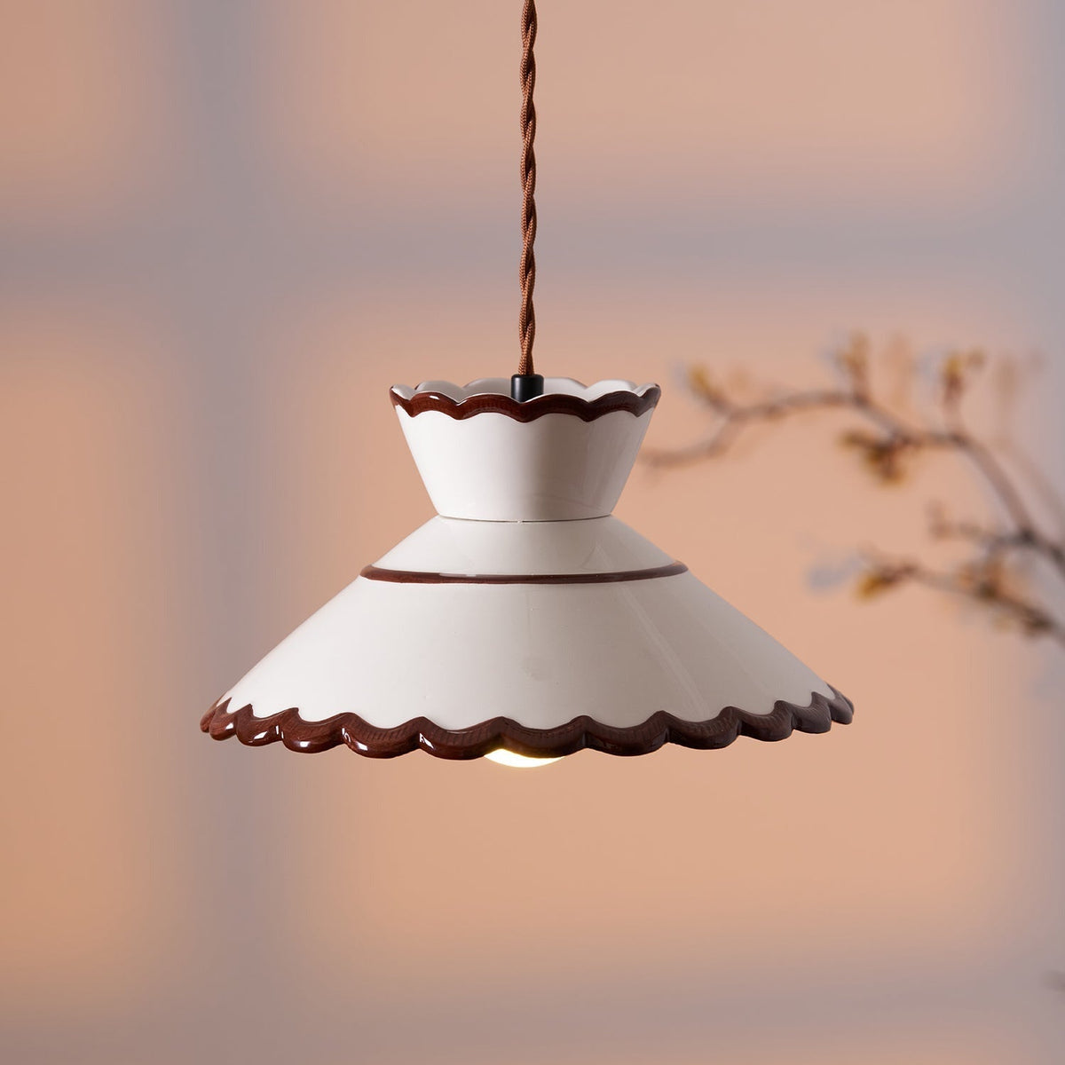 Aurelia Vintage Ceramic Pendant Light — Scalloped Shade, Cream and Brown Edge Detail