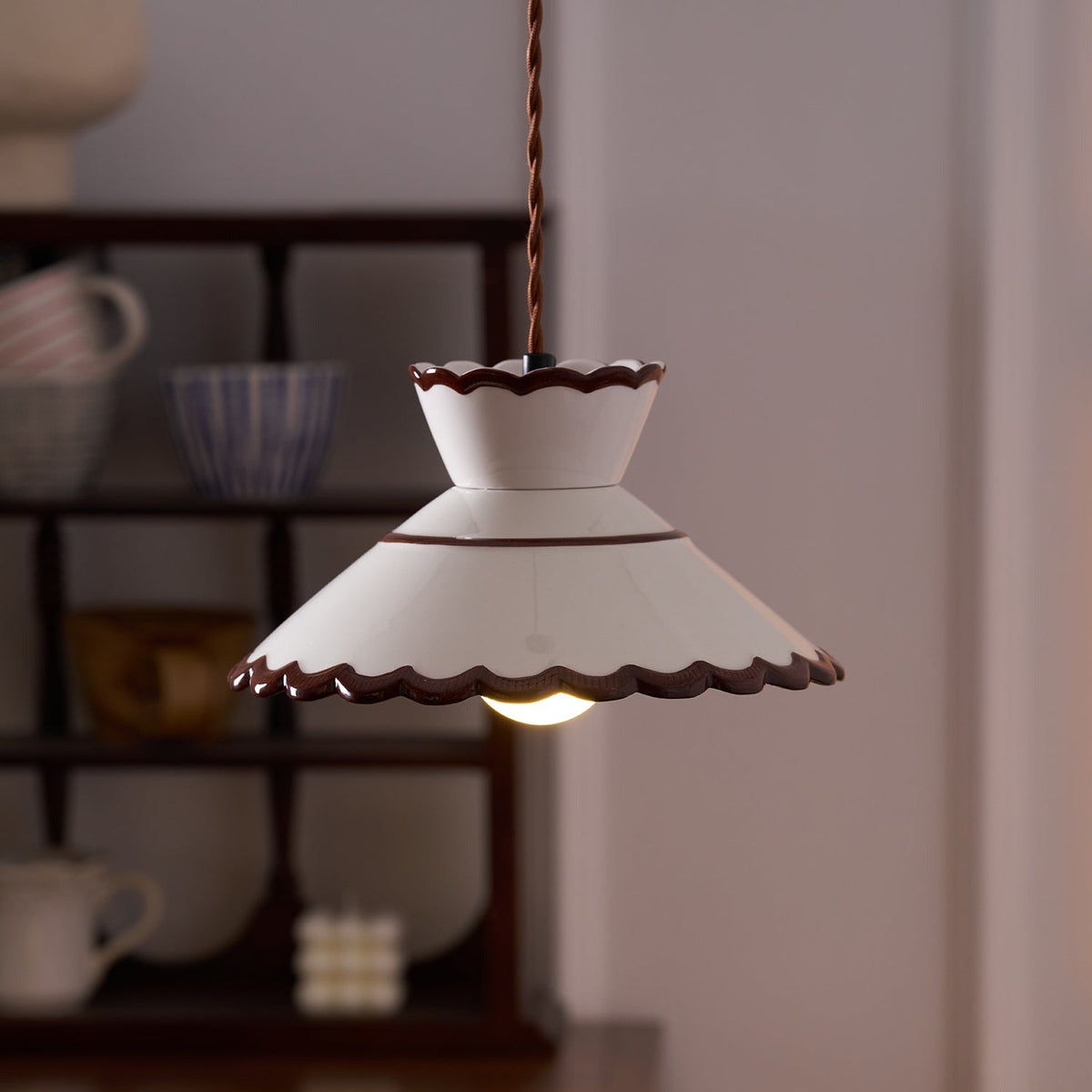 Aurelia Vintage Ceramic Pendant Light — Scalloped Shade, Cream and Brown Edge Detail
