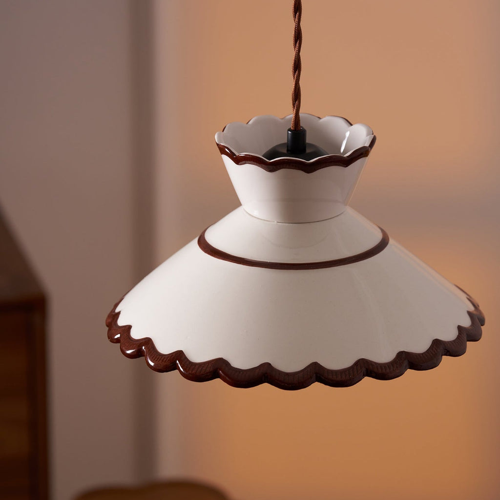 Aurelia Vintage Ceramic Pendant Light — Scalloped Shade, Cream and Brown Edge Detail