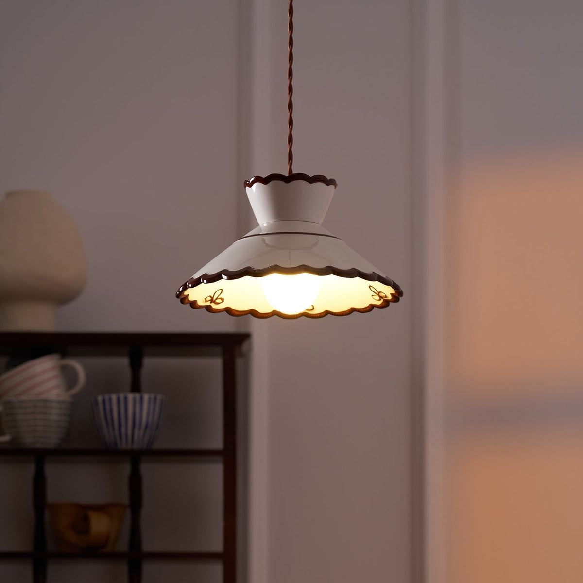 Aurelia Vintage Ceramic Pendant Light — Scalloped Shade, Cream and Brown Edge Detail