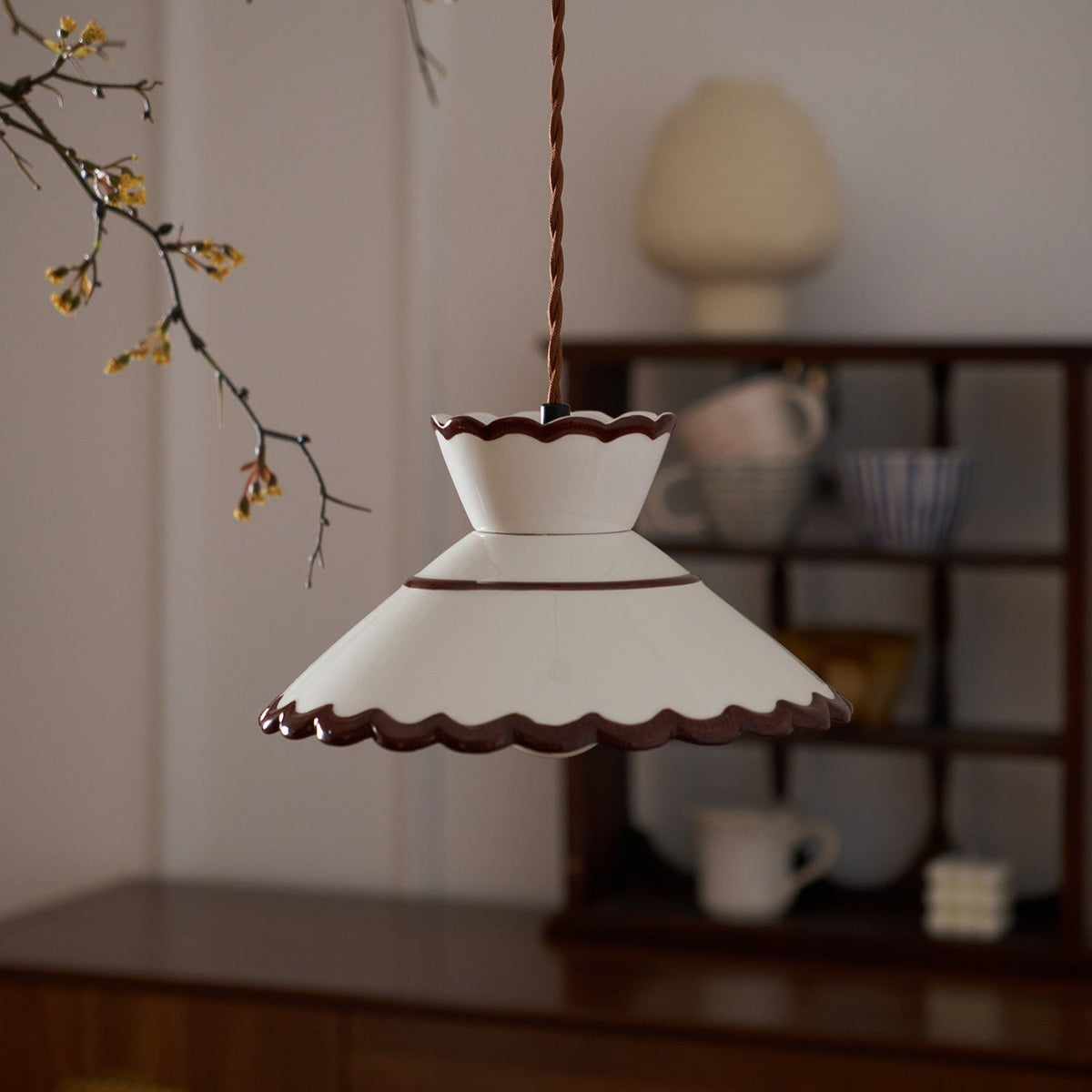 Aurelia Vintage Ceramic Pendant Light — Scalloped Shade, Cream and Brown Edge Detail