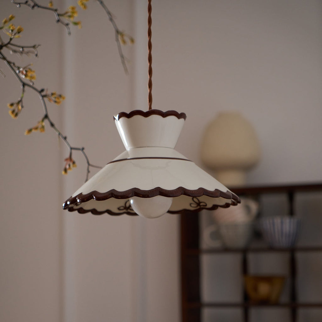 Aurelia Vintage Ceramic Pendant Light — Scalloped Shade, Cream and Brown Edge Detail