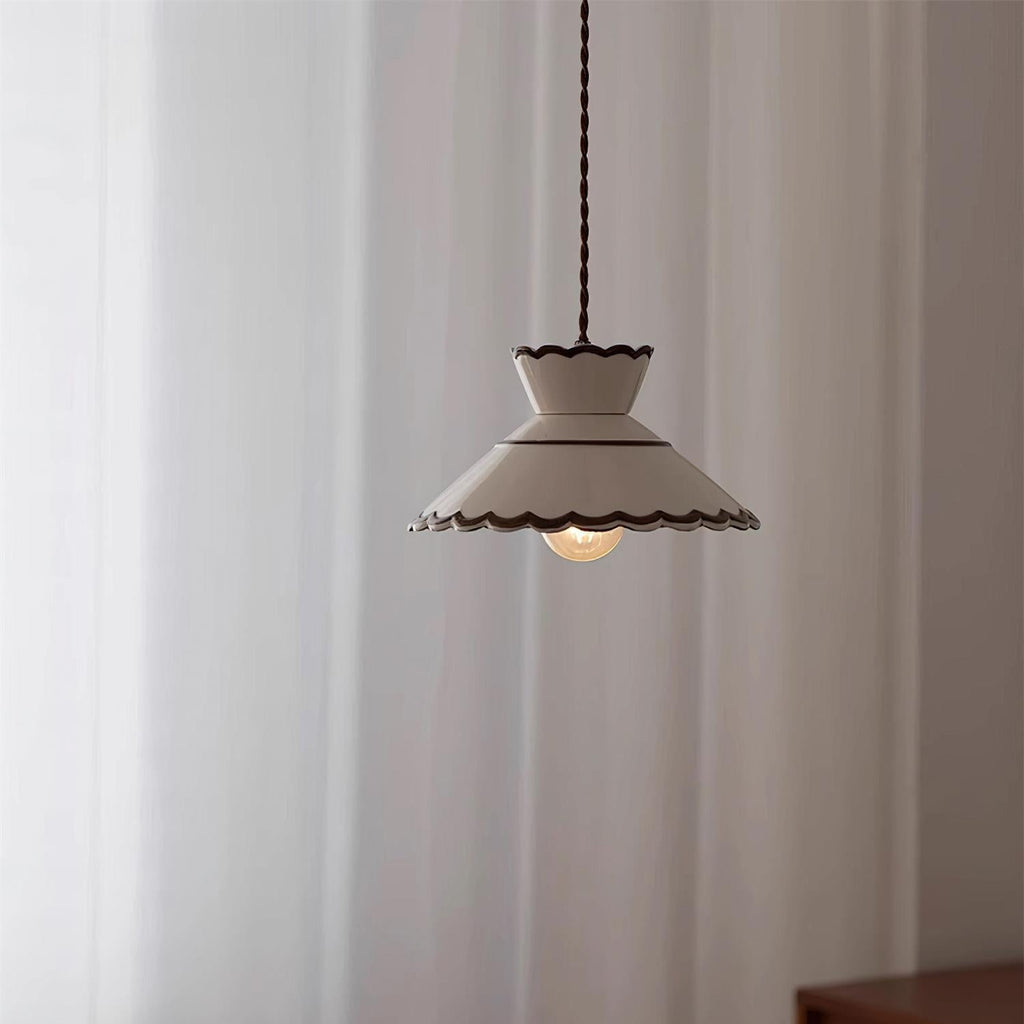 Aurelia Vintage Ceramic Pendant Light — Scalloped Shade, Cream and Brown Edge Detail
