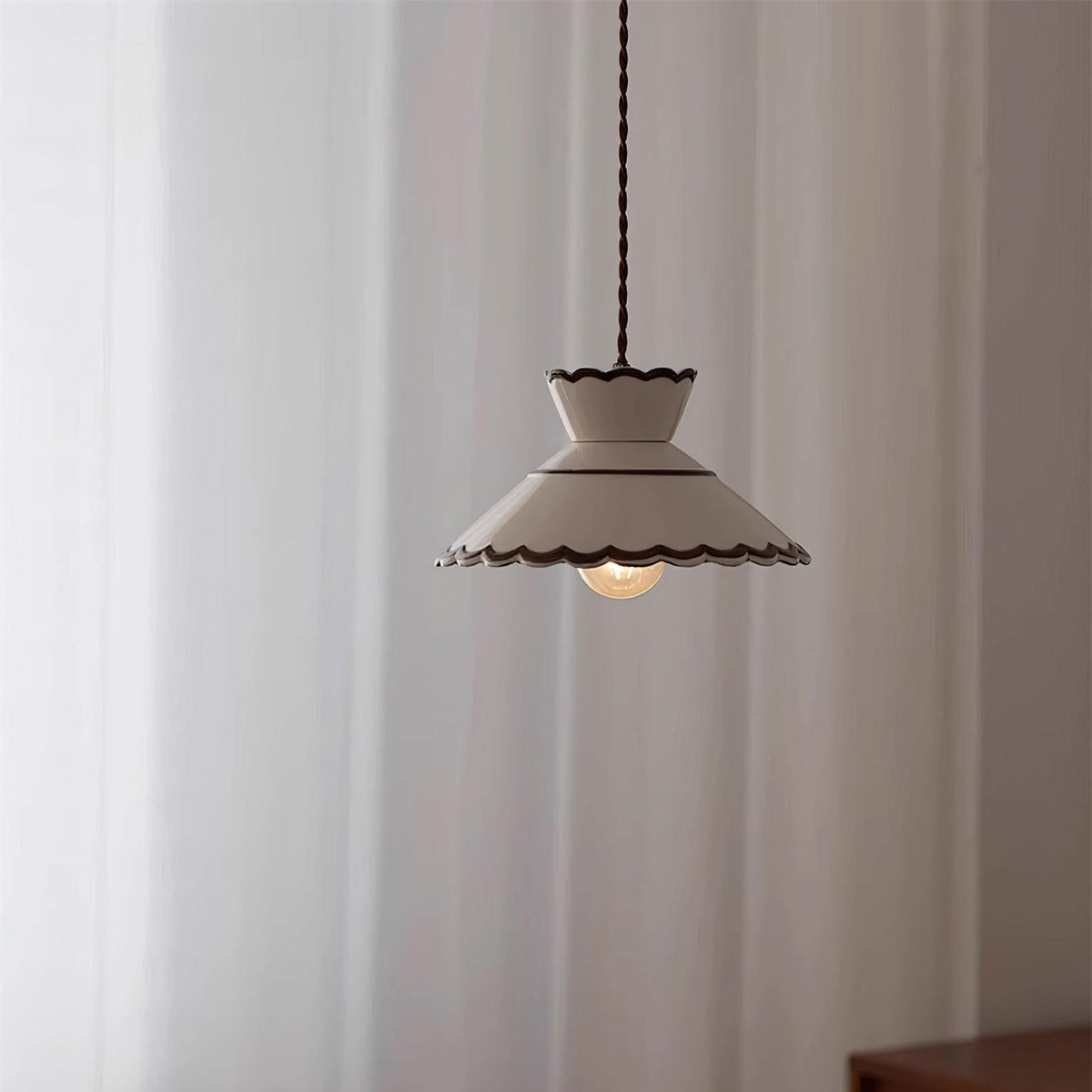 Aurelia Vintage Ceramic Pendant Light — Scalloped Shade, Cream and Brown Edge Detail