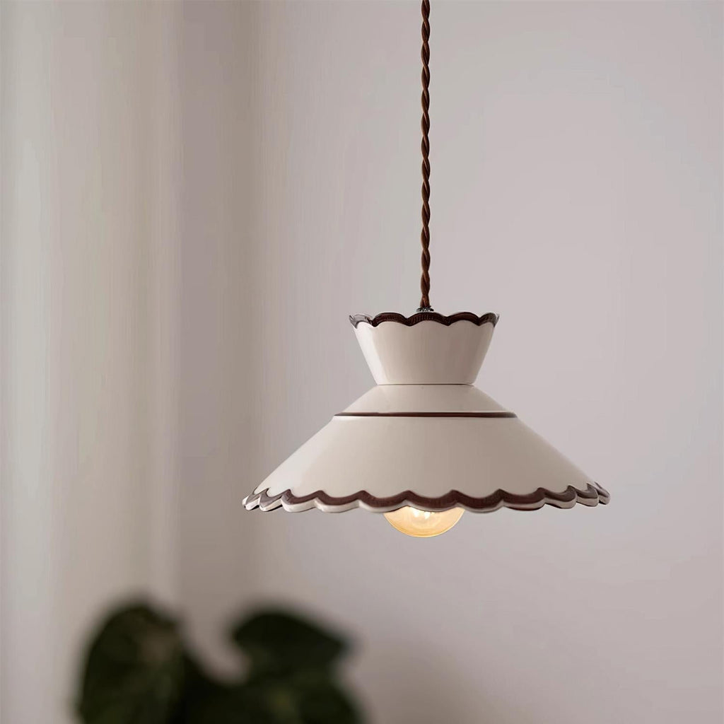 Aurelia Vintage Ceramic Pendant Light — Scalloped Shade, Cream and Brown Edge Detail