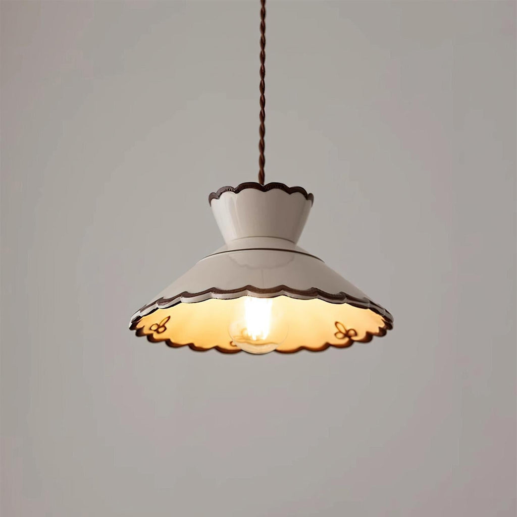 Aurelia Vintage Ceramic Pendant Light — Scalloped Shade, Cream and Brown Edge Detail