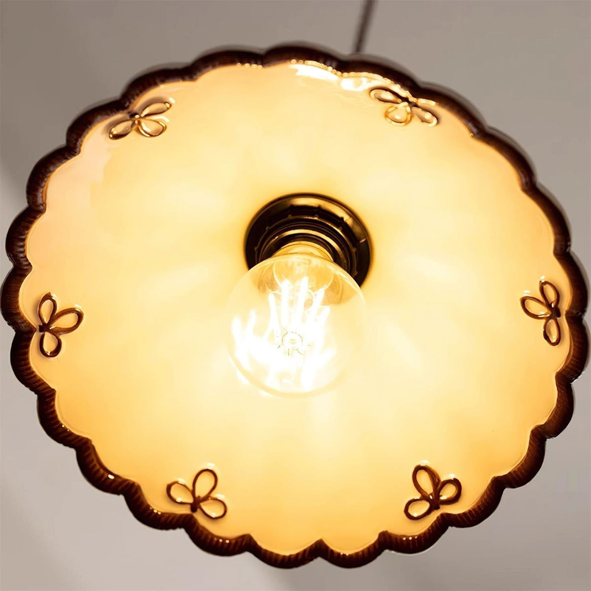 Aurelia Vintage Ceramic Pendant Light — Scalloped Shade, Cream and Brown Edge Detail