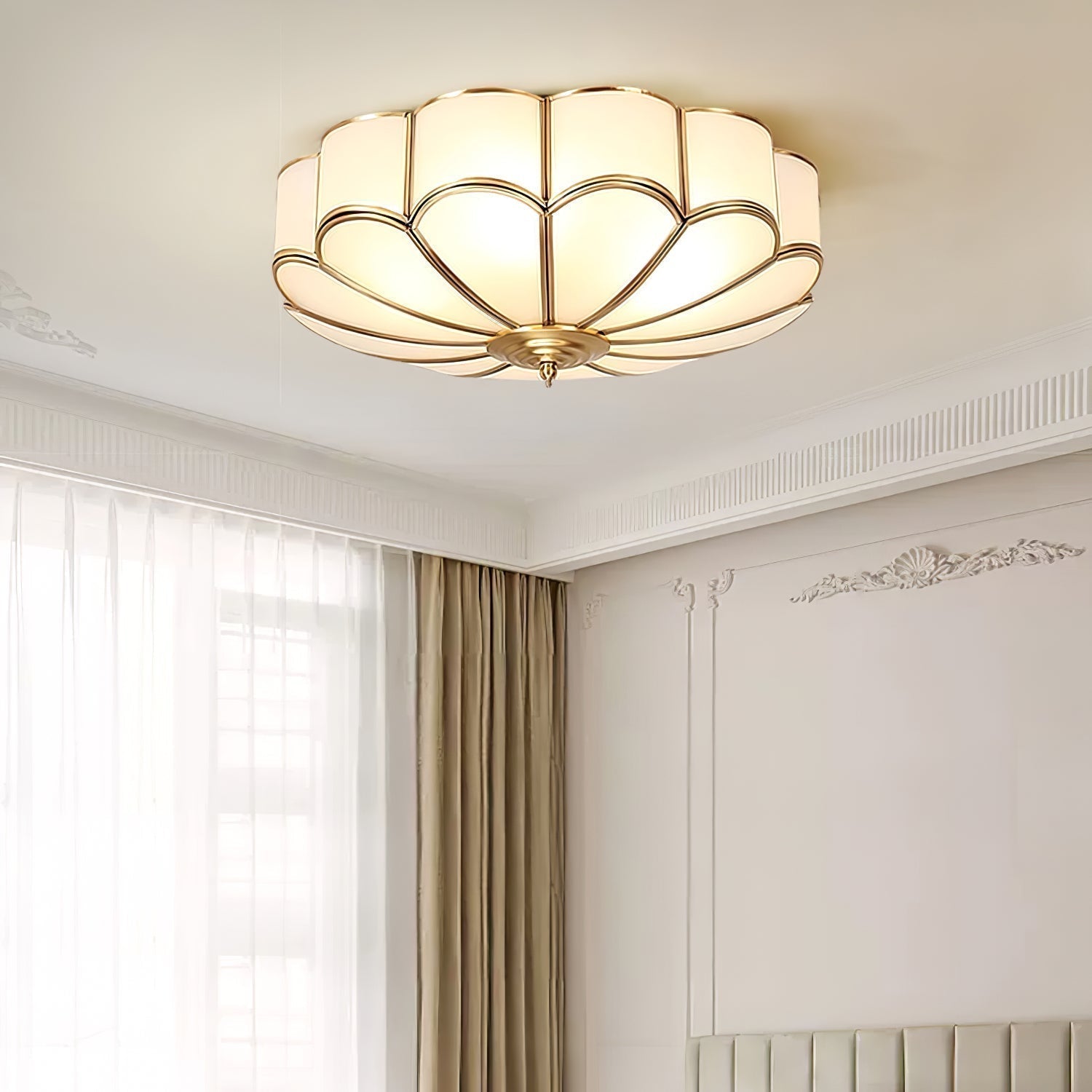 Gold Brass Round Ceiling Light — Anti-Glare Glass Panel, Diffused Warm Glow