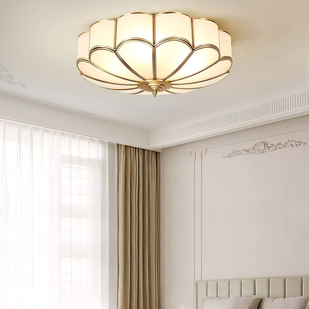 Gold Brass Round Ceiling Light — Anti-Glare Glass Panel, Diffused Warm Glow