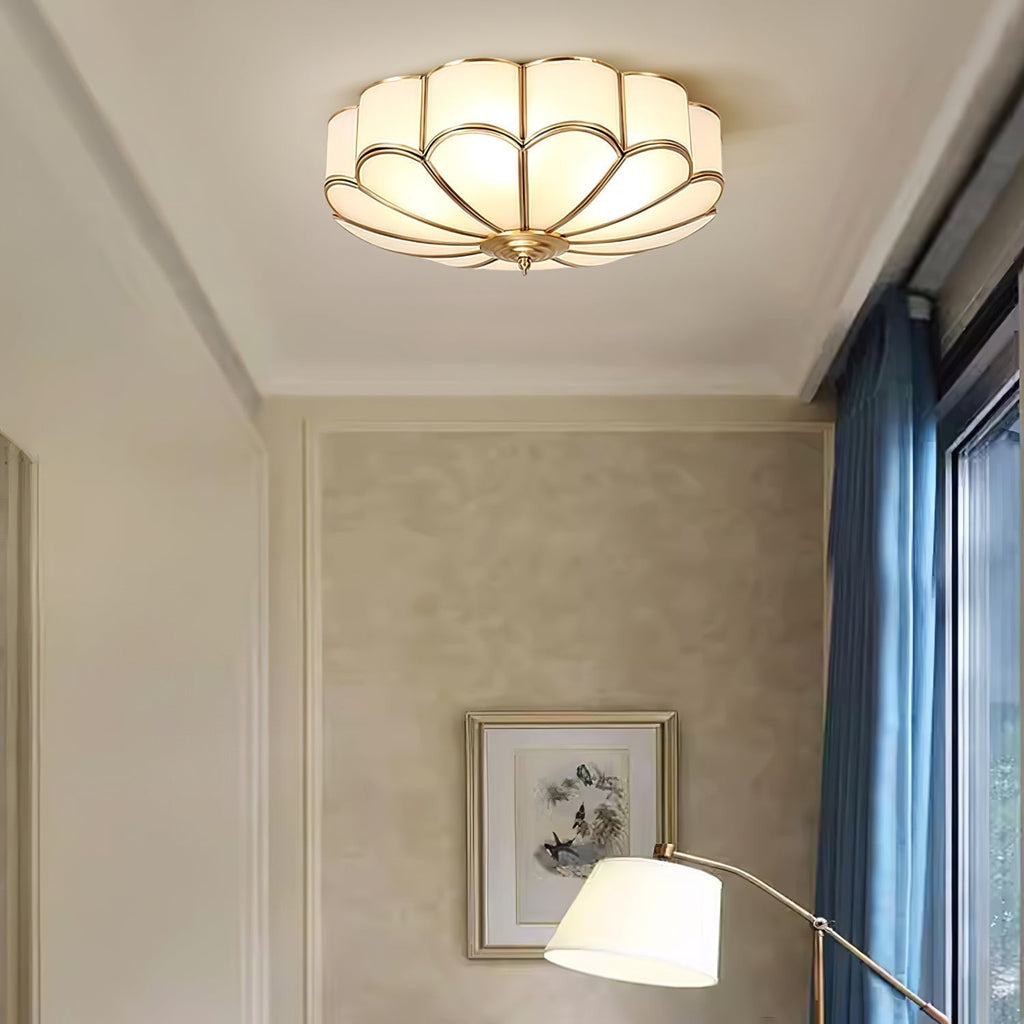 Gold Brass Round Ceiling Light — Anti-Glare Glass Panel, Diffused Warm Glow
