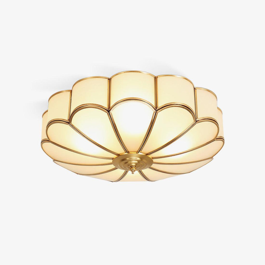 Gold Brass Round Ceiling Light — Anti-Glare Glass Panel, Diffused Warm Glow