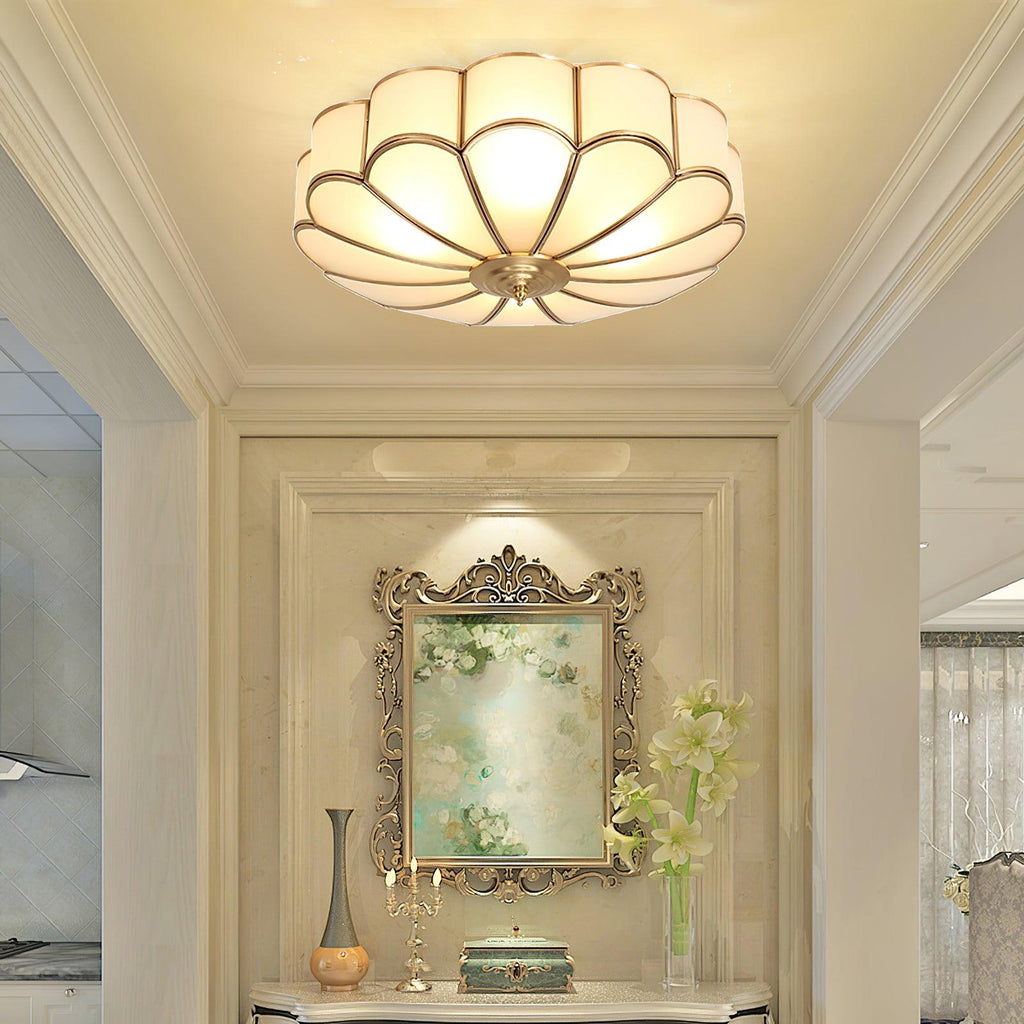 Gold Brass Round Ceiling Light — Anti-Glare Glass Panel, Diffused Warm Glow