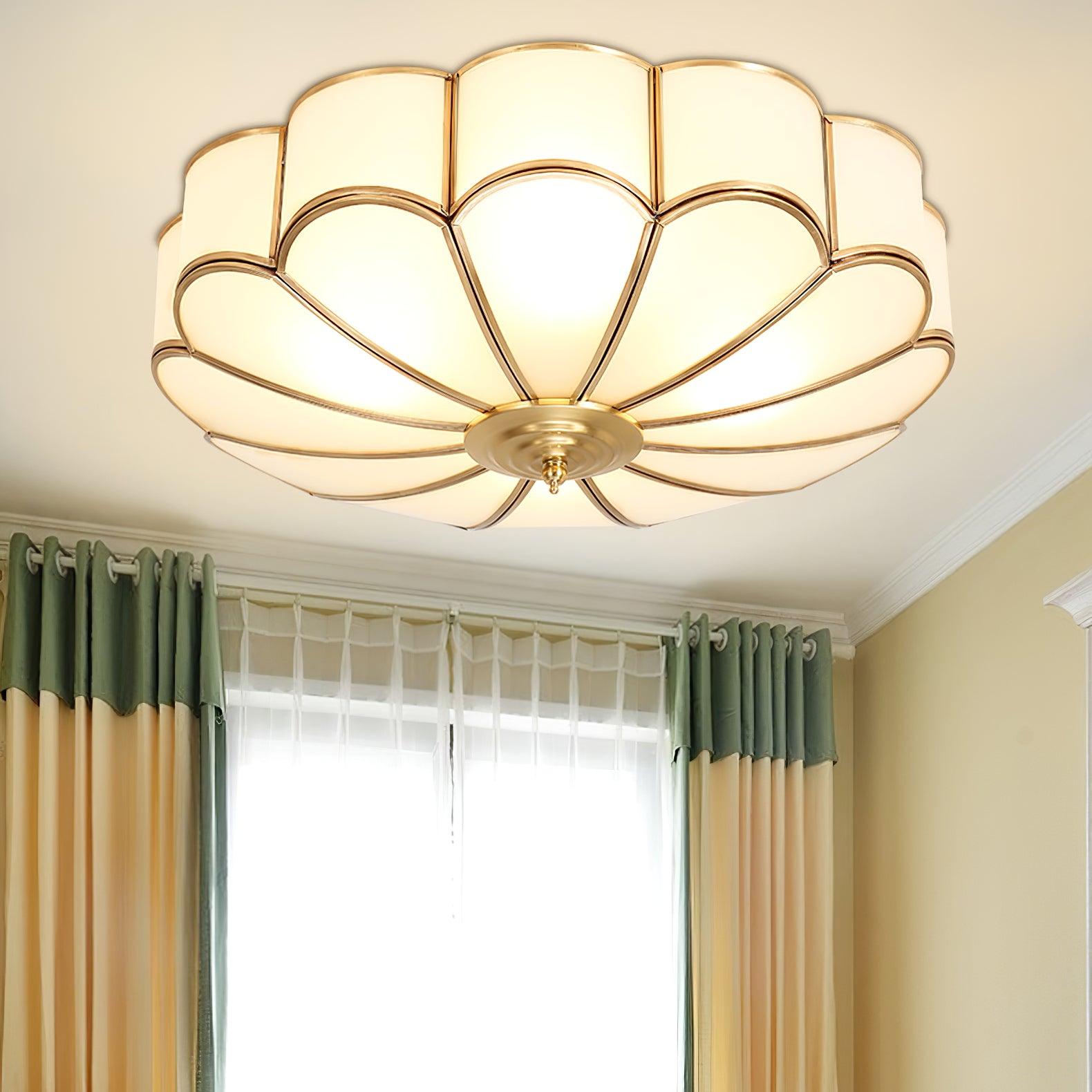 Gold Brass Round Ceiling Light — Anti-Glare Glass Panel, Diffused Warm Glow