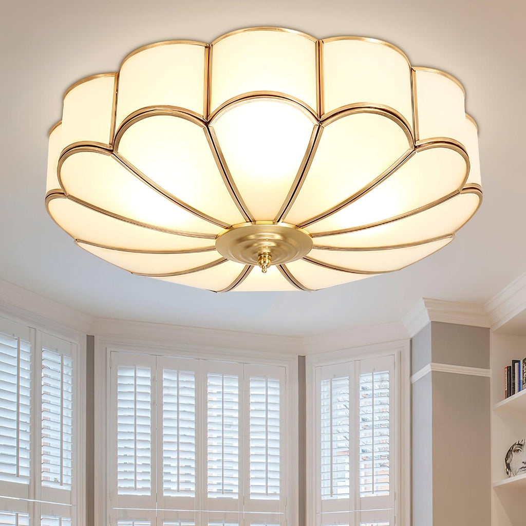 Gold Brass Round Ceiling Light — Anti-Glare Glass Panel, Diffused Warm Glow