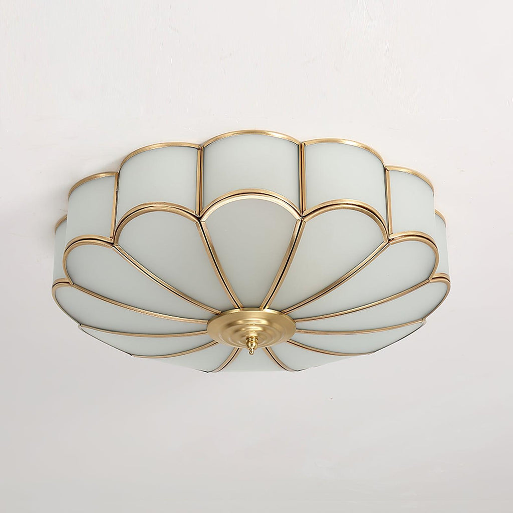 Gold Brass Round Ceiling Light — Anti-Glare Glass Panel, Diffused Warm Glow