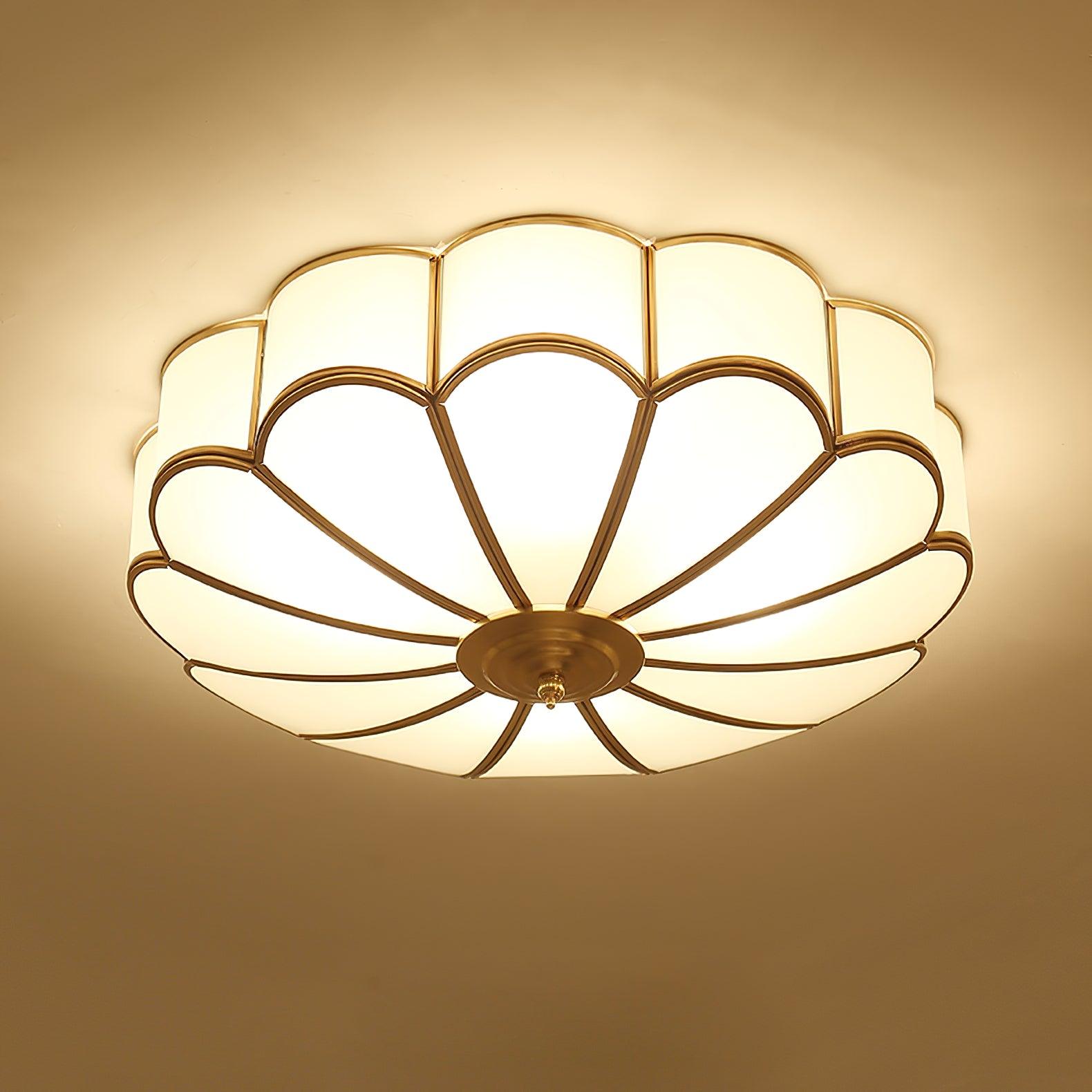 Gold Brass Round Ceiling Light — Anti-Glare Glass Panel, Diffused Warm Glow
