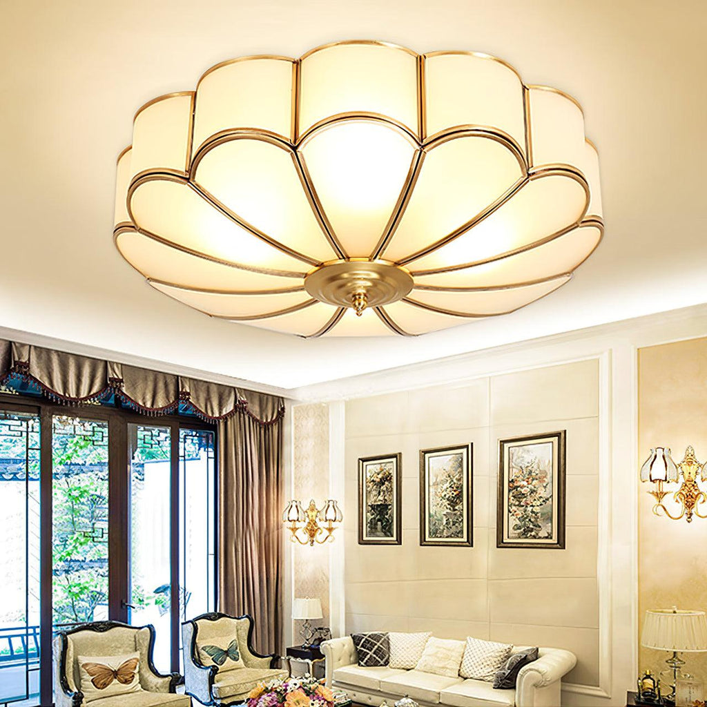 Gold Brass Round Ceiling Light — Anti-Glare Glass Panel, Diffused Warm Glow
