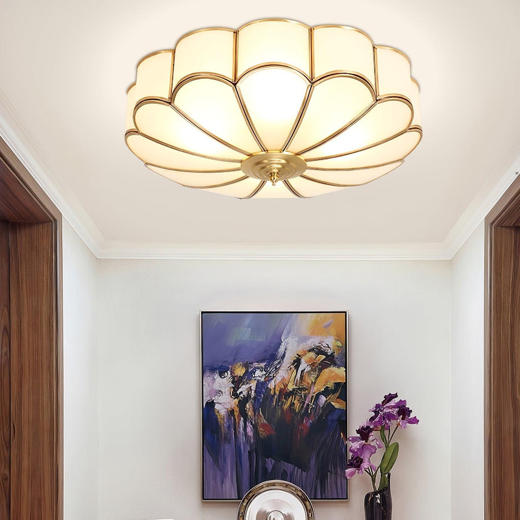 Gold Brass Round Ceiling Light — Anti-Glare Glass Panel, Diffused Warm Glow