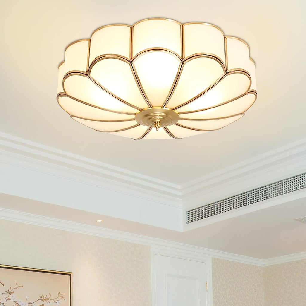 Gold Brass Round Ceiling Light — Anti-Glare Glass Panel, Diffused Warm Glow