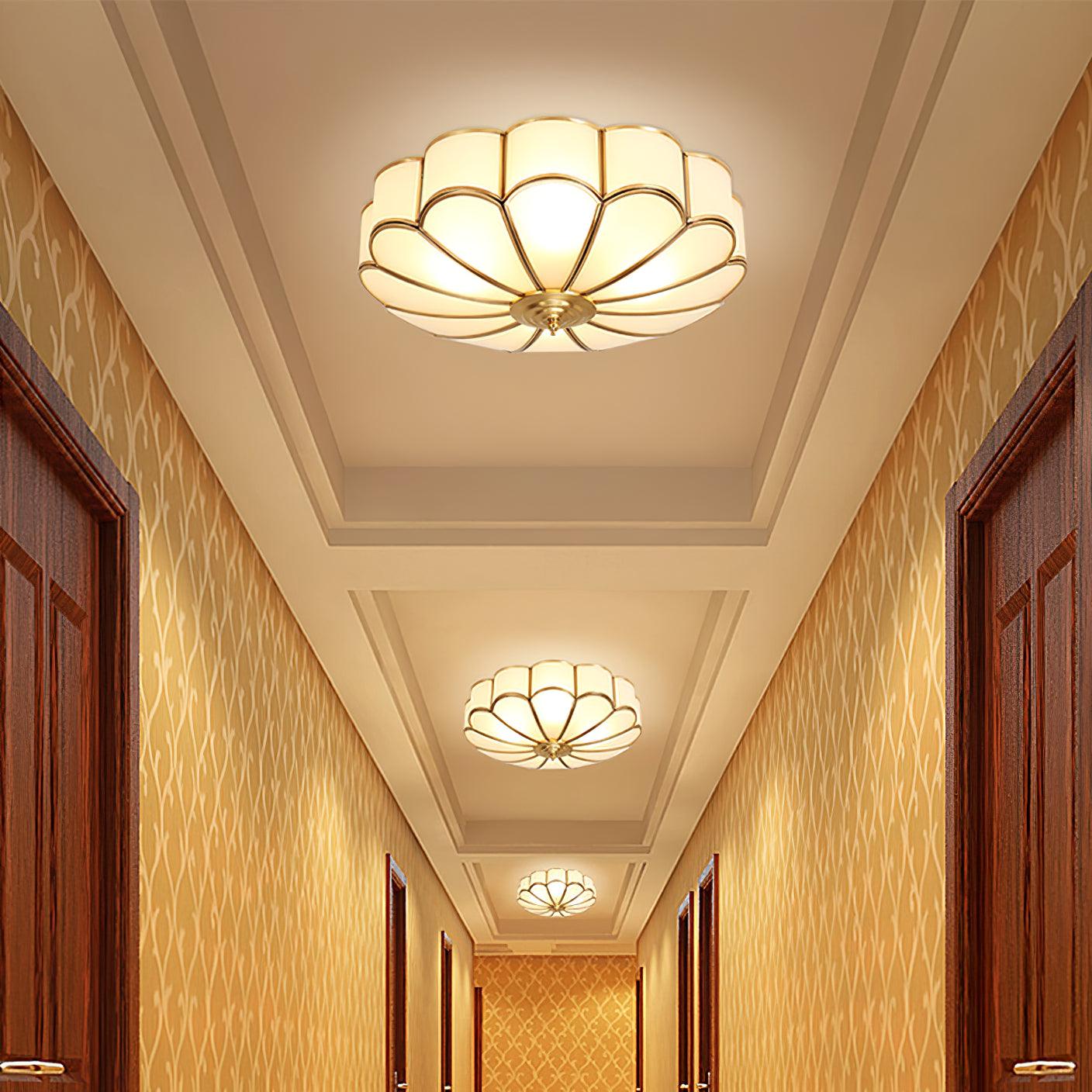 Gold Brass Round Ceiling Light — Anti-Glare Glass Panel, Diffused Warm Glow