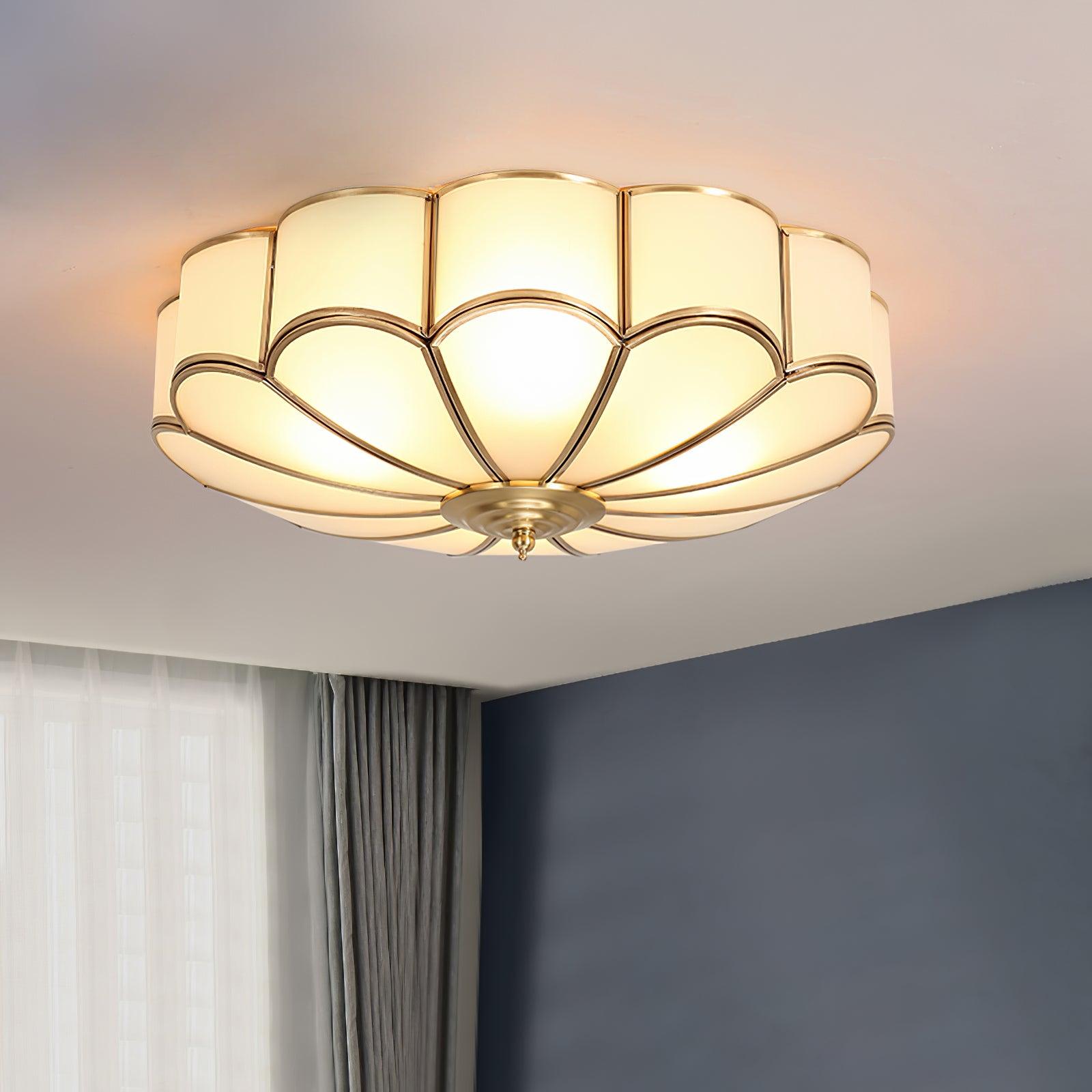 Gold Brass Round Ceiling Light — Anti-Glare Glass Panel, Diffused Warm Glow