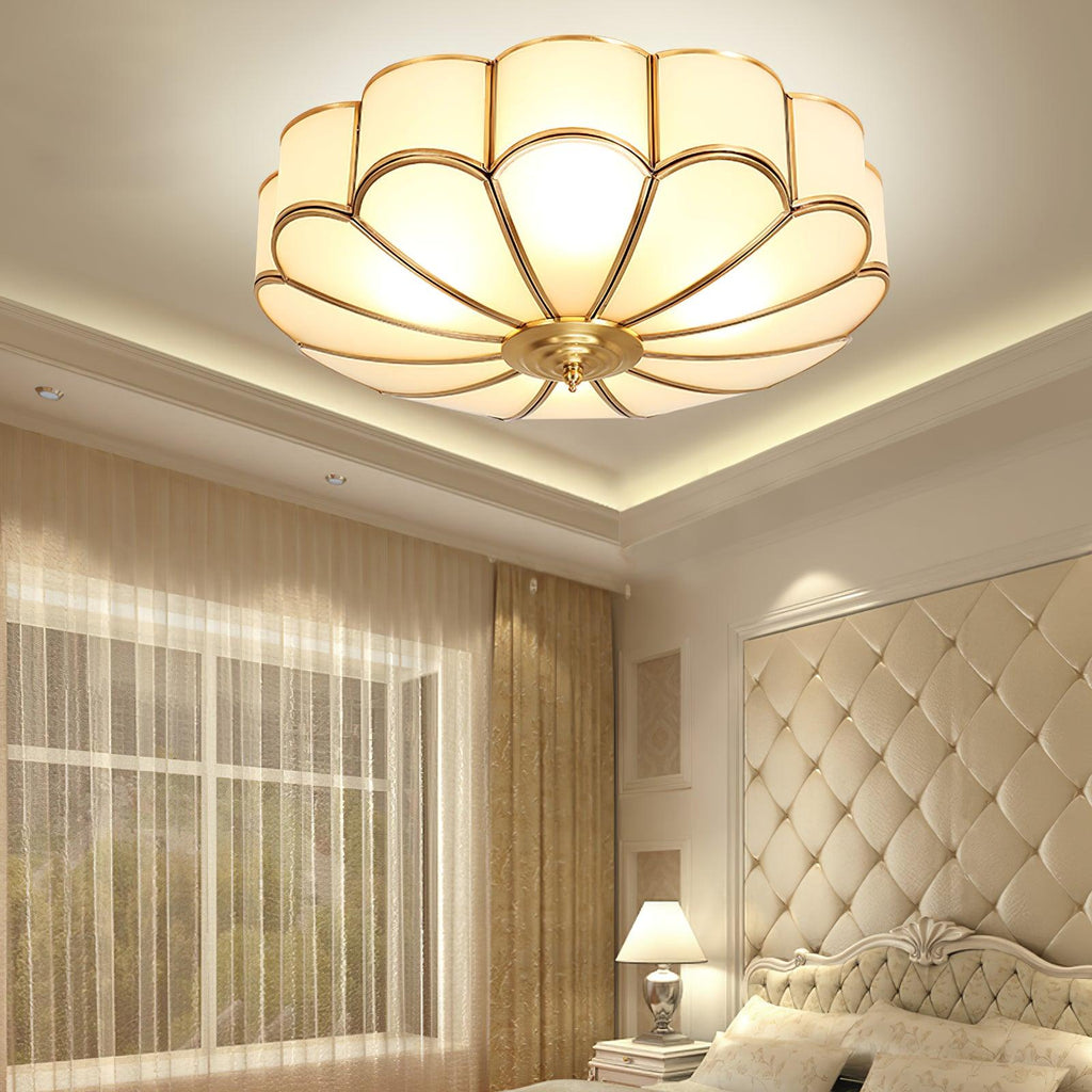 Gold Brass Round Ceiling Light — Anti-Glare Glass Panel, Diffused Warm Glow