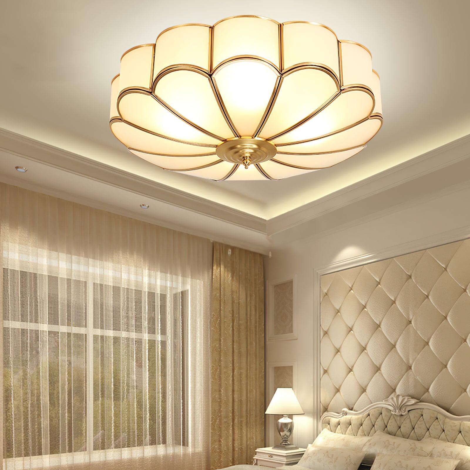 Gold Brass Round Ceiling Light — Anti-Glare Glass Panel, Diffused Warm Glow