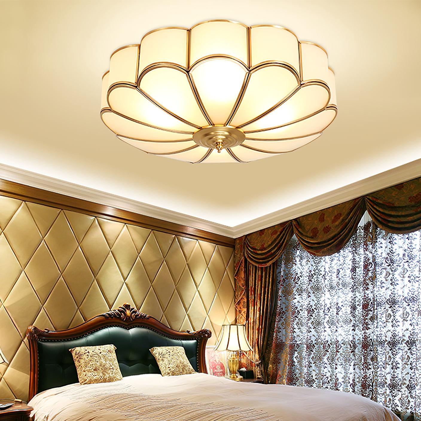 Gold Brass Round Ceiling Light — Anti-Glare Glass Panel, Diffused Warm Glow