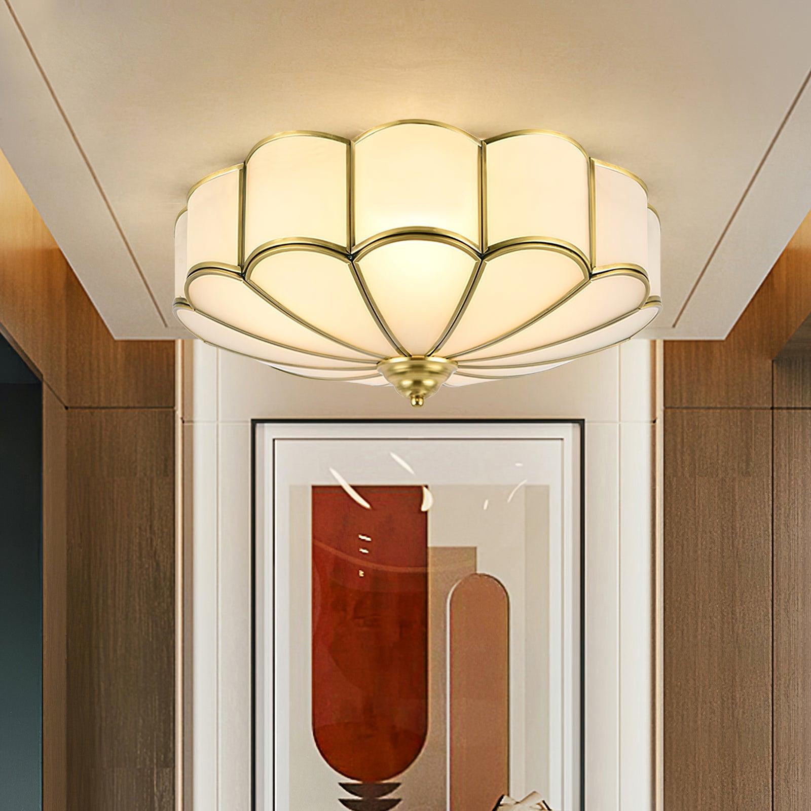 Gold Brass Round Ceiling Light — Anti-Glare Glass Panel, Diffused Warm Glow