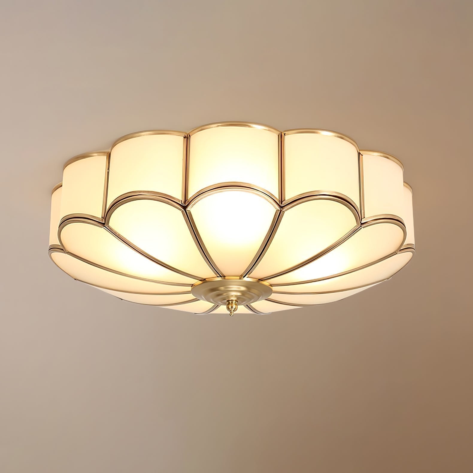 Gold Brass Round Ceiling Light — Anti-Glare Glass Panel, Diffused Warm Glow