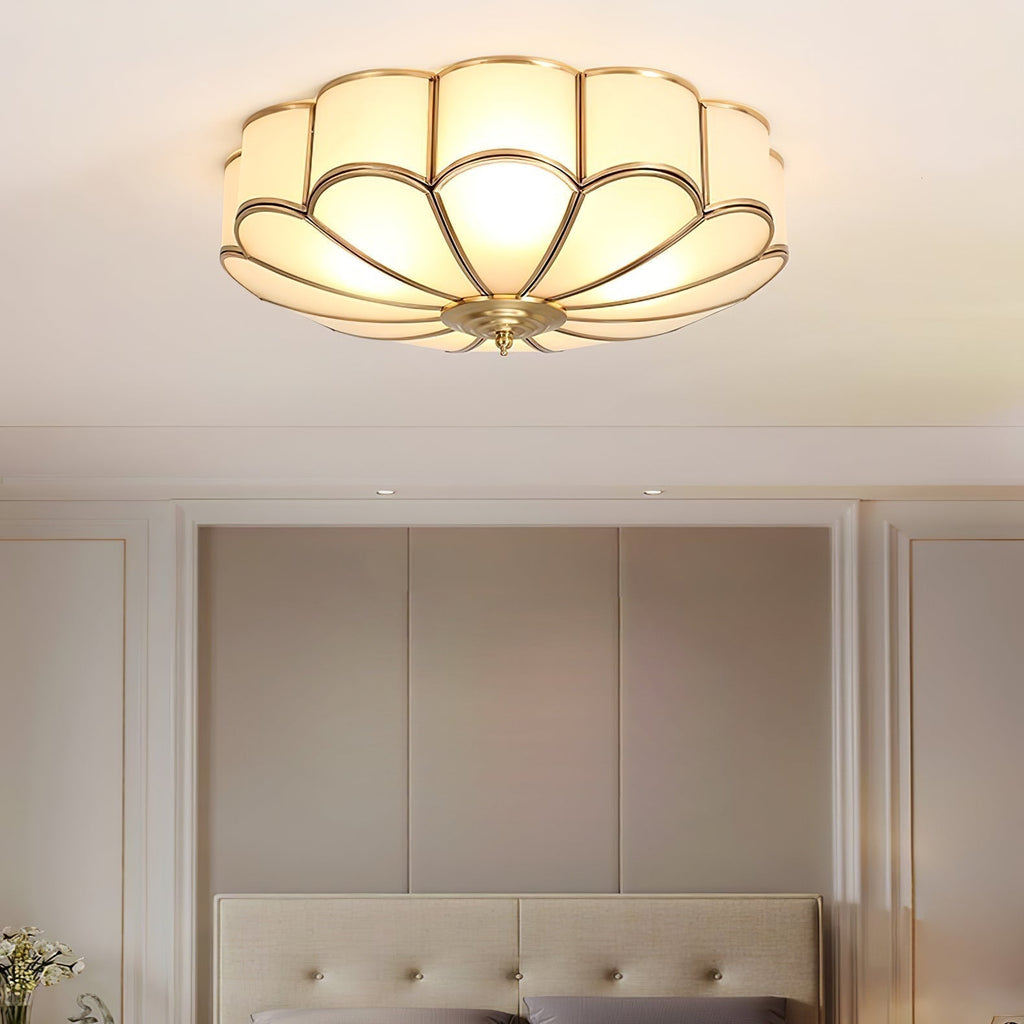 Gold Brass Round Ceiling Light — Anti-Glare Glass Panel, Diffused Warm Glow