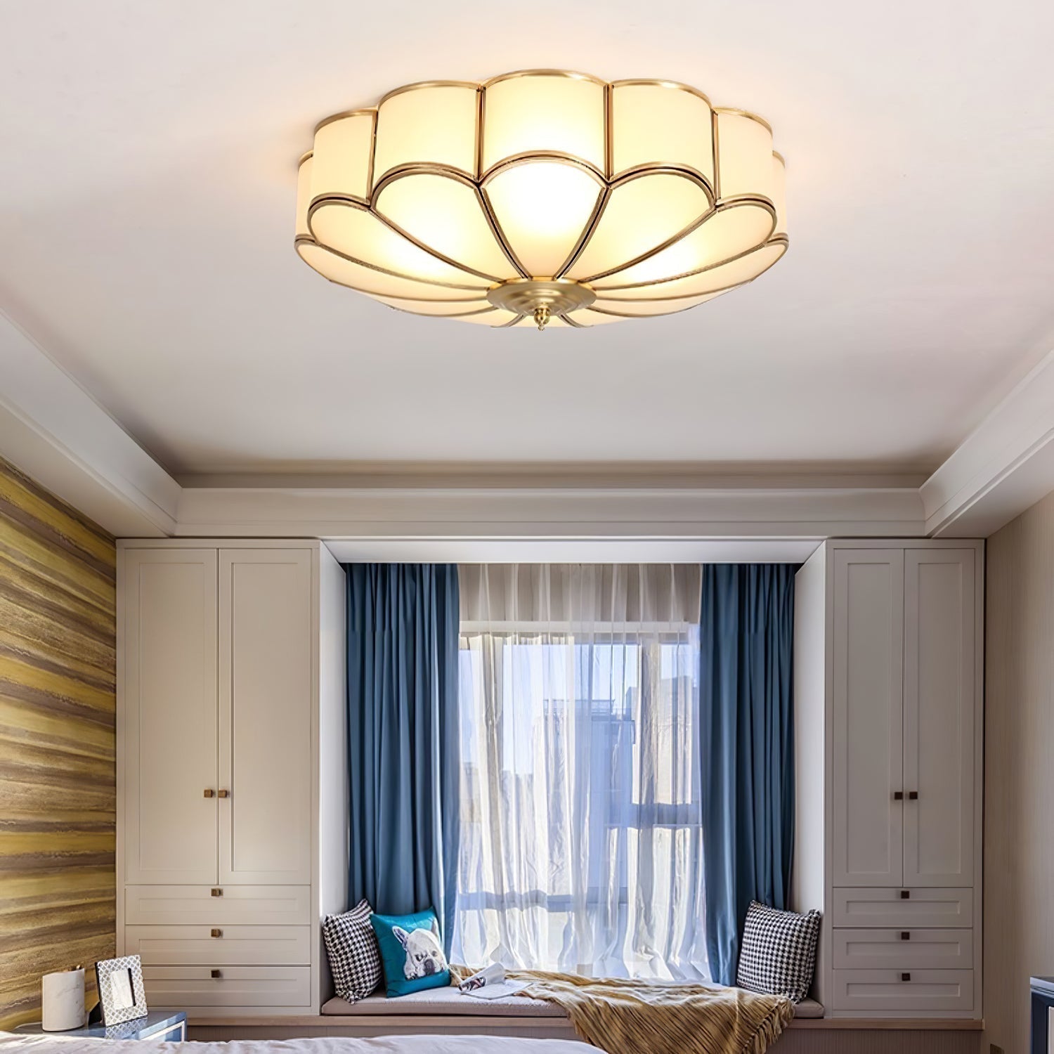 Gold Brass Round Ceiling Light — Anti-Glare Glass Panel, Diffused Warm Glow
