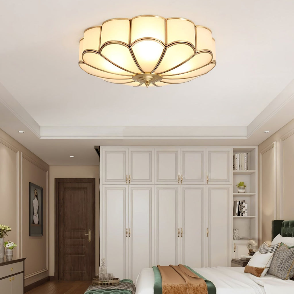 Gold Brass Round Ceiling Light — Anti-Glare Glass Panel, Diffused Warm Glow