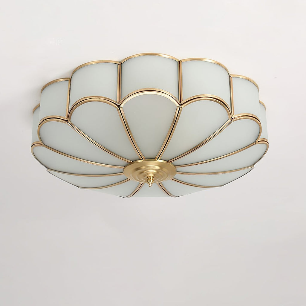 Gold Brass Round Ceiling Light — Anti-Glare Glass Panel, Diffused Warm Glow