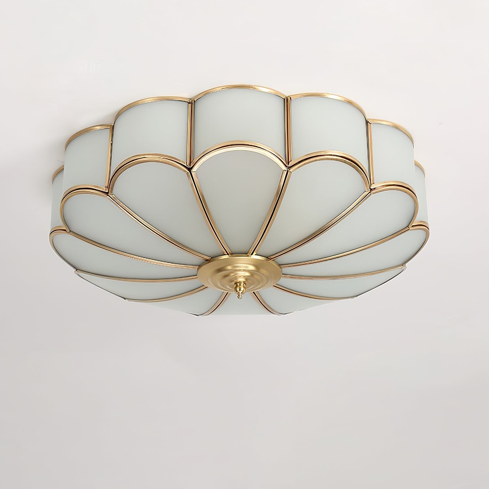 Gold Brass Round Ceiling Light — Anti-Glare Glass Panel, Diffused Warm Glow