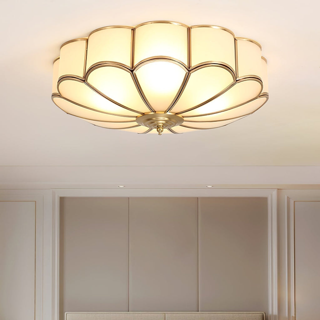 Gold Brass Round Ceiling Light — Anti-Glare Glass Panel, Diffused Warm Glow