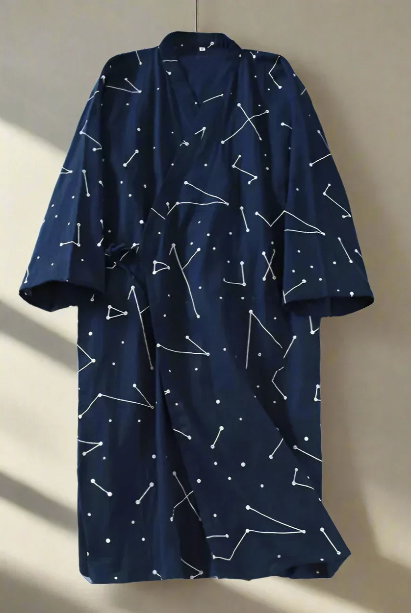 Kai kimono for menn i 100 % bomull – japansk yukata med V-hals og hette