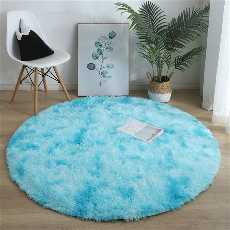 Soft Fluffy Sky Blue Round Shaggy Area Rug, Plush Texture