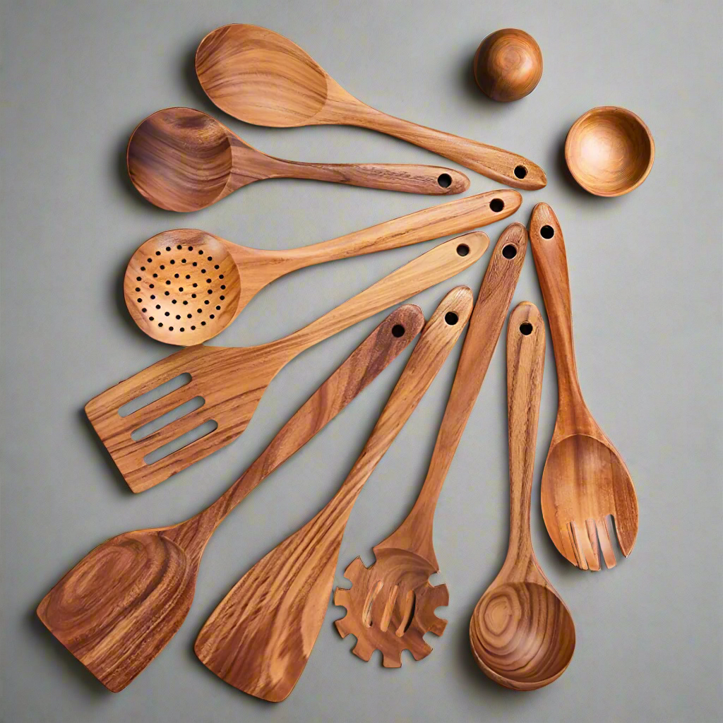 Küchenutensilien-Set aus Teakholz — Langlebige Kochwerkzeuge