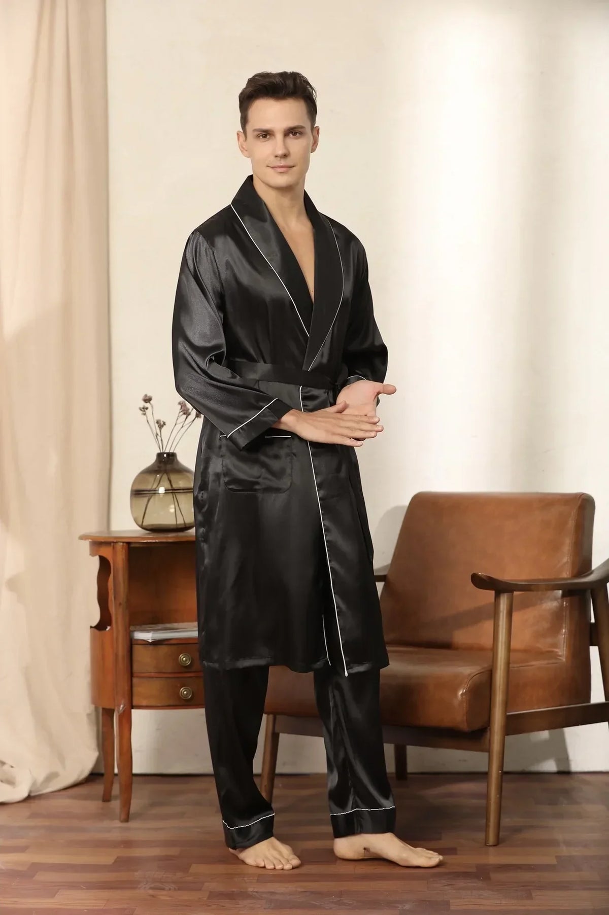 Elegantes Herren-Satinmorgenmantel-Set – weiche, bequeme Nachtwäsche