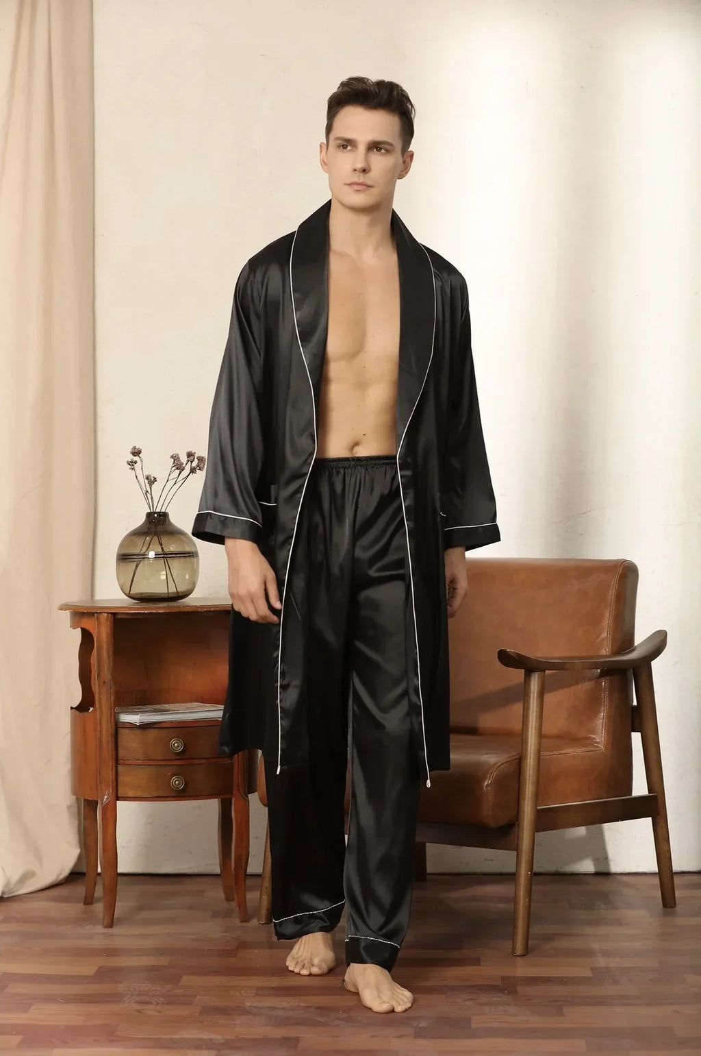 Elegantes Herren-Satinmorgenmantel-Set – weiche, bequeme Nachtwäsche