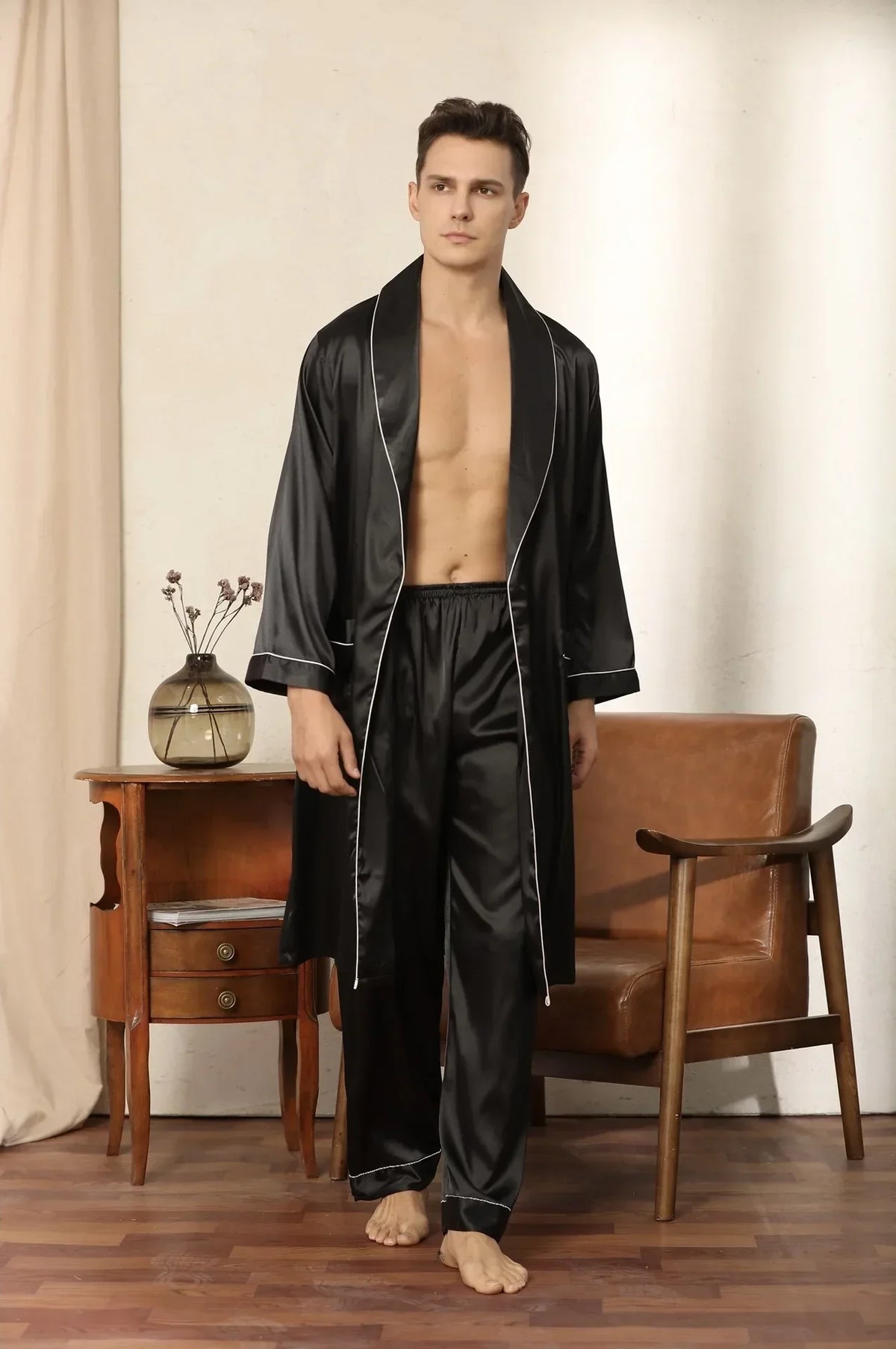 Elegantes Herren-Satinmorgenmantel-Set – weiche, bequeme Nachtwäsche