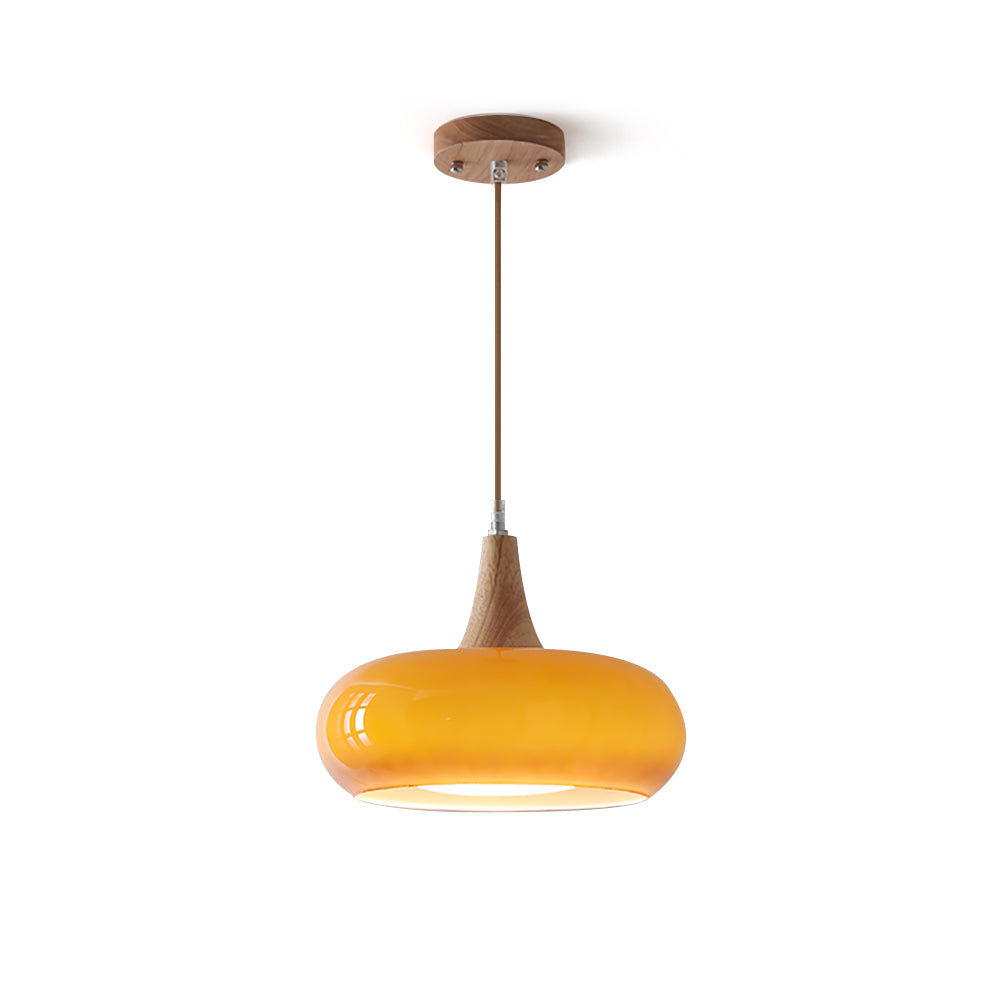 Suspension Eloria — abat-jour en verre ambré, partie supérieure en bois