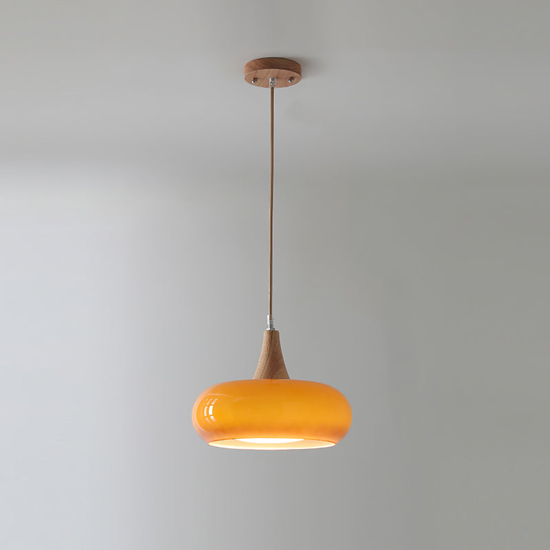 Suspension Eloria — abat-jour en verre ambré, partie supérieure en bois